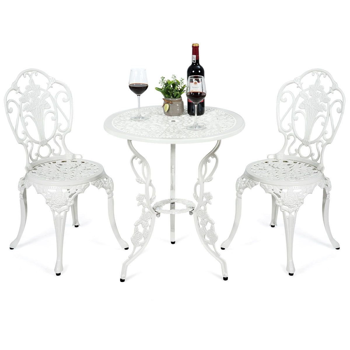Ensemble Table et 2 Chaises pour Jardin en Aluminium en Forme de Rose Blanc Résistant aux Intempéries