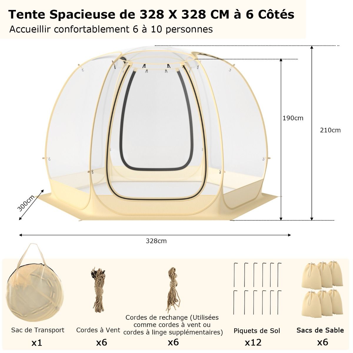 Tente Bulle à Ouverture Instantanée pour 6 à 10 Personnes Tente D?me d'Extérieur 328 x 328 cm Résistante Aux Intempéries Transparent