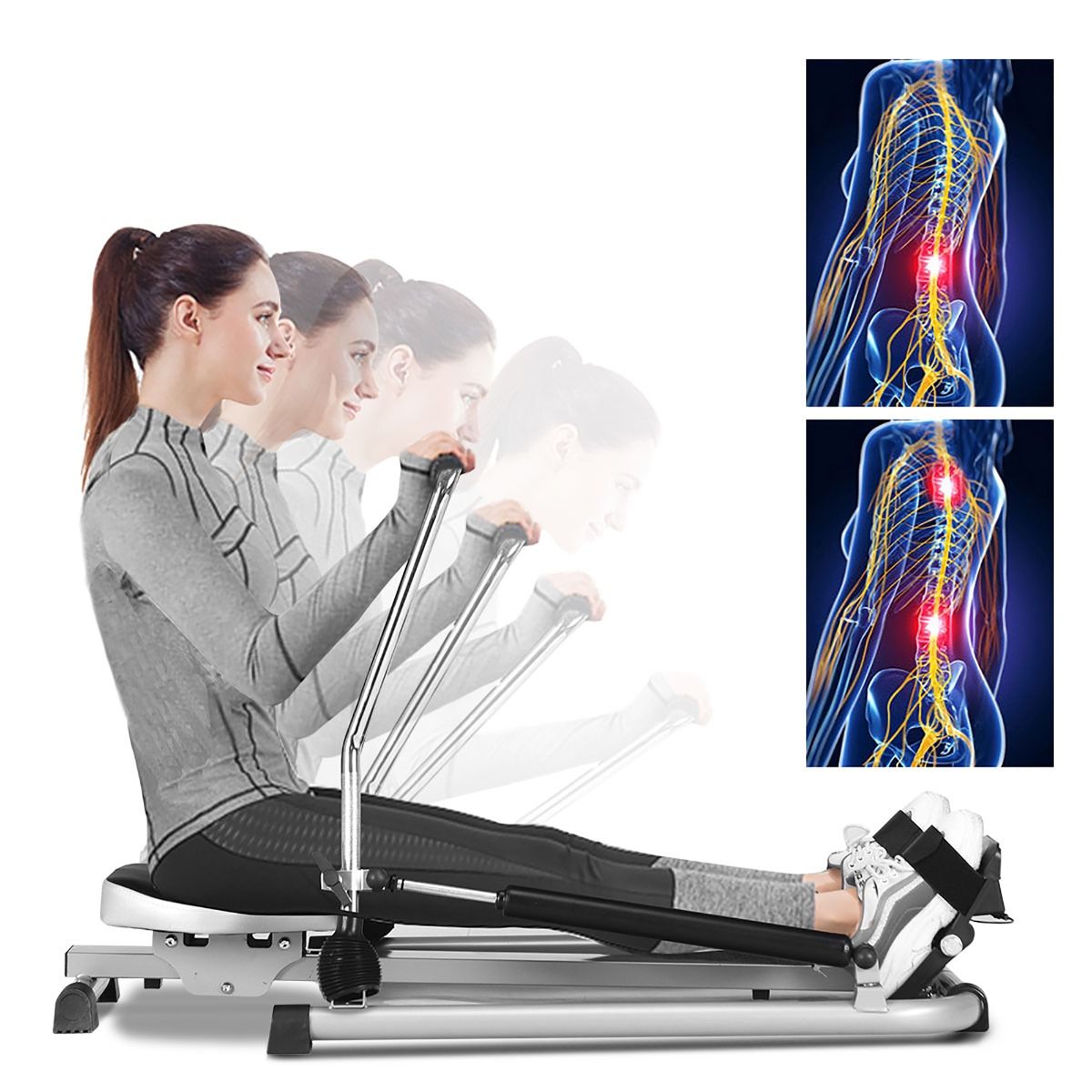 Rameur de Fitness Résistance Hydraulique Réglable 50kg Affichage LCD Pédale Antidérapante Charge de 100 kg Argenté