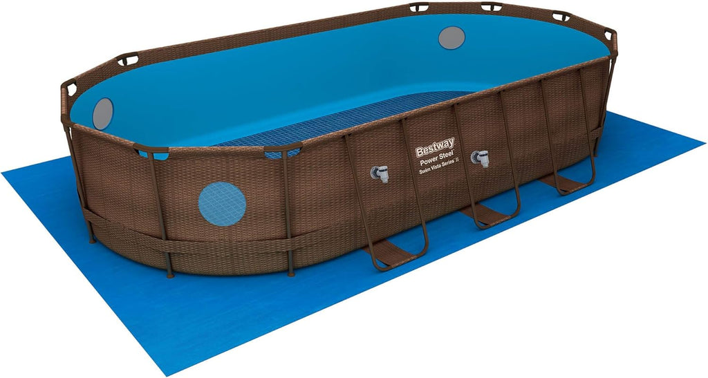 Bestway 56946 Piscine Power Steel? Swim Vista ovale 488 x 305 x 107 cm motif rotin avec hublots, filtration à sable, échelle, bache et diffuseur Chemconnect?