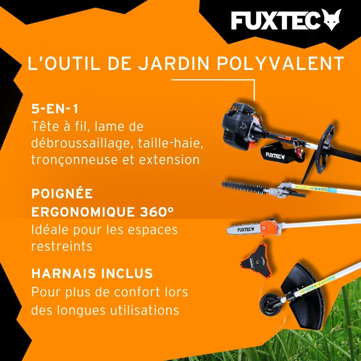 Fuxtec Débroussailleuse Thermique Multifonction 5 en 1 Multitool FX-MT152E - Easy Starter 3CV 52 cm3, Moteur 2 Temps, élagueuse Taille Haie Coupe Bordure Avec Fil ou Lame 1 Mètre Rallonge
