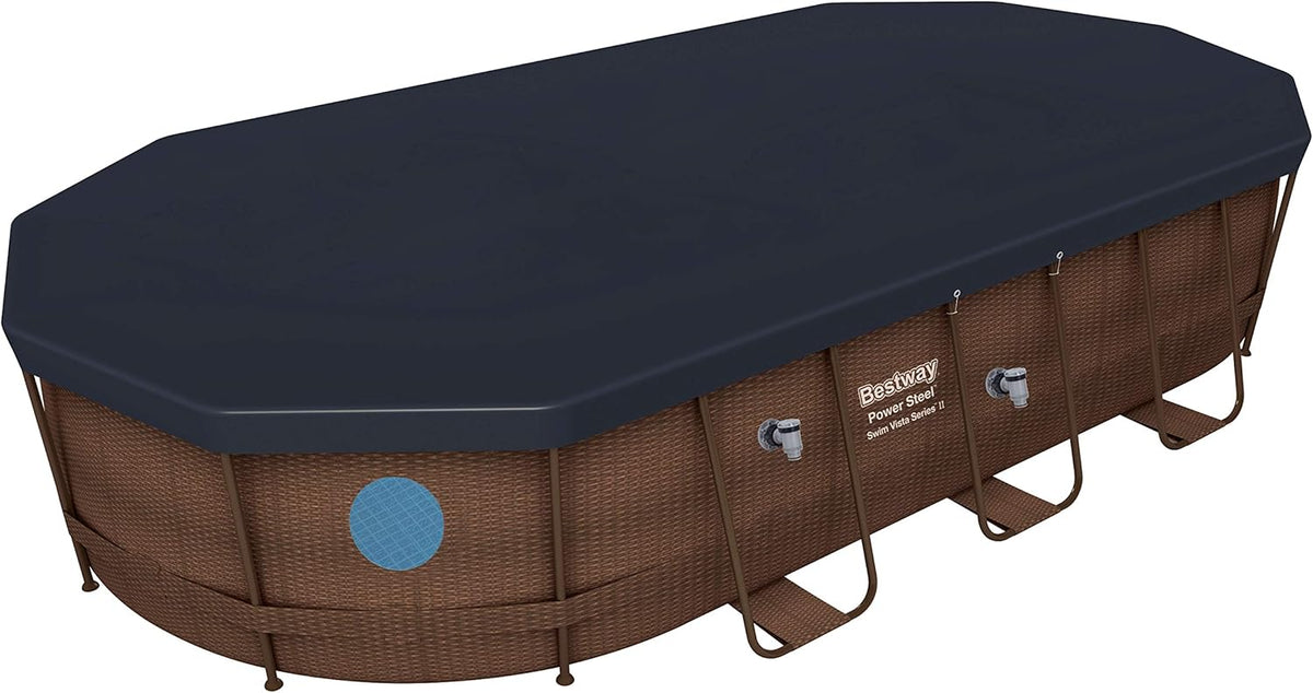 Bestway 56946 Piscine Power Steel? Swim Vista ovale 488 x 305 x 107 cm motif rotin avec hublots, filtration à sable, échelle, bache et diffuseur Chemconnect?