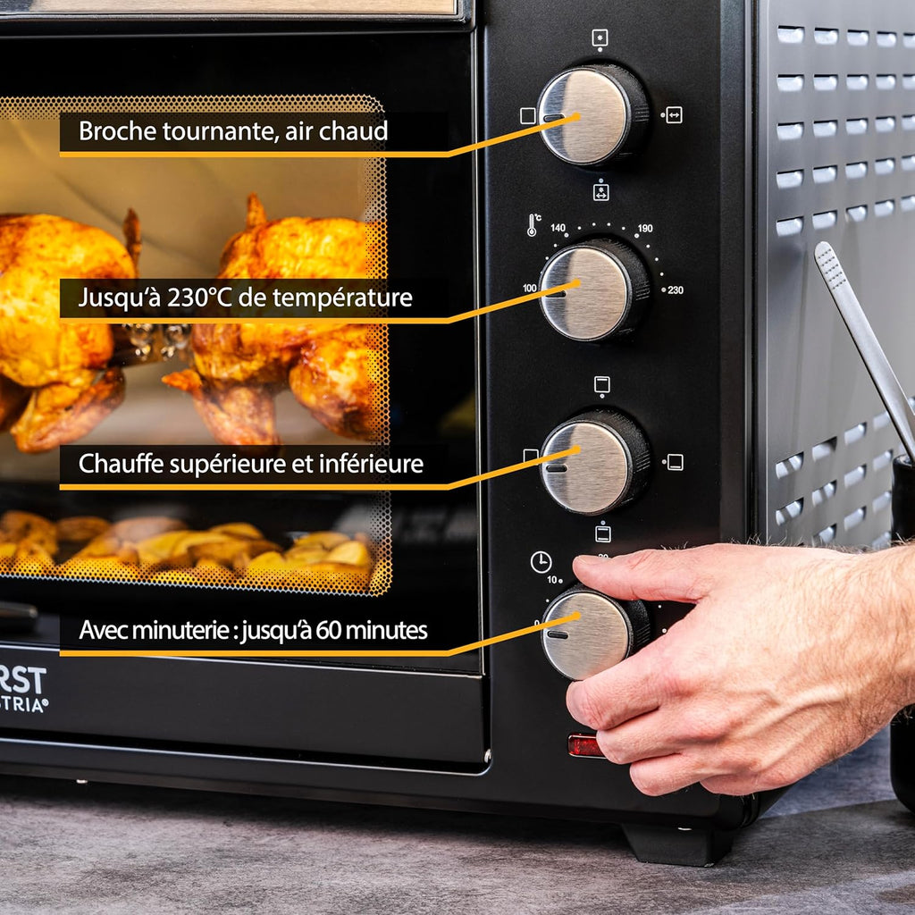 TZS First Austria Mini-four 60 l I 2000 W I Convection + R?tisserie I 4 éléments chauffants I Plage de température jusqu'à 230 °C I Minuterie 60 min I Inox I Noir