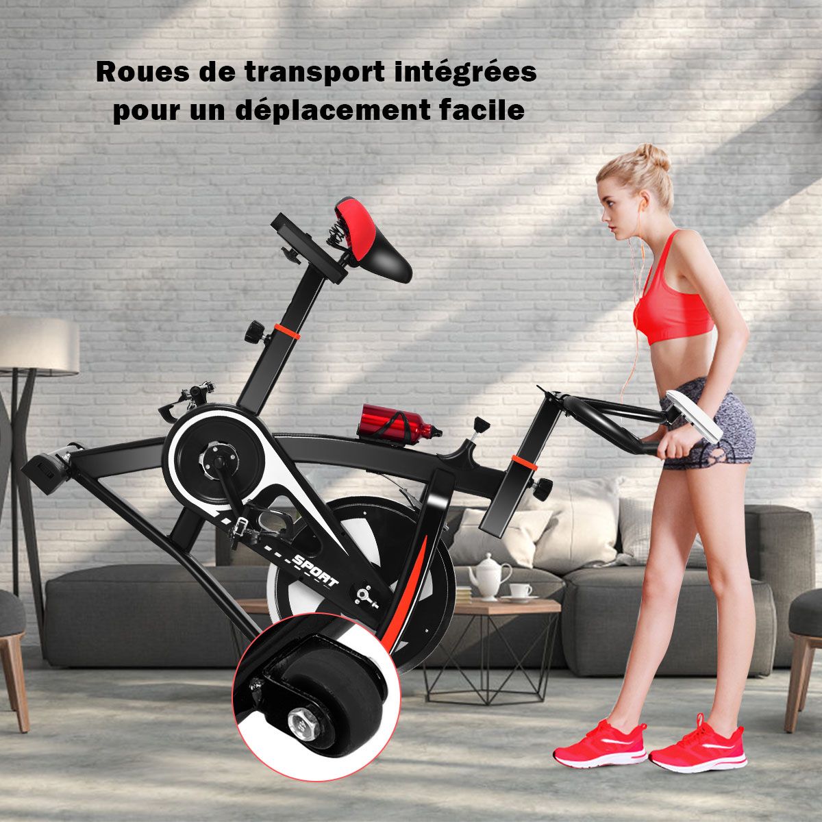 Vélo D’appartement Vélo Silencieux avec Courroie et Roue D’inertie en Fer de 10kg Guidon et Selle Ajustable Noir + Rouge