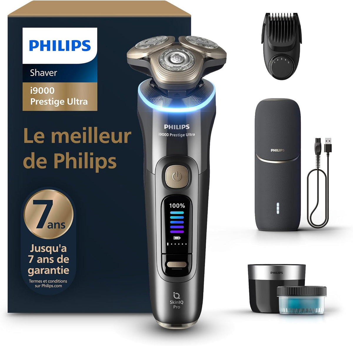 Philips Rasoir i9000 Prestige Ultra, Rasoir électrique 100% étanche, Technologie Skin IQ Pro, Système Triple Lift & Cut, Lames de précision NanoTech rotatives 360°, 5 modes de rasage, XP9401/38