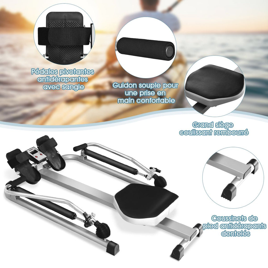 Rameur de Fitness Résistance Hydraulique Réglable 50kg Affichage LCD Pédale Antidérapante Charge de 100 kg Argenté