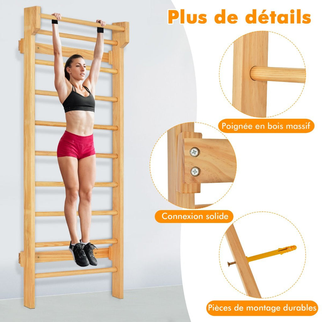 Espalier Mural Espalier de Gymnastique Capacité 150 kg Diamètre Barre 3,3 cm en Bois de Pin 195x80x14cm Naturel