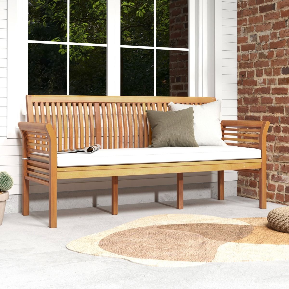 Banc de Terrasse en Bois 3 Places Banc en Acacia de 159 cm de Long avec Coussins d'Assise Doux Dossier et Accoudoirs Ergonomiques Blanc