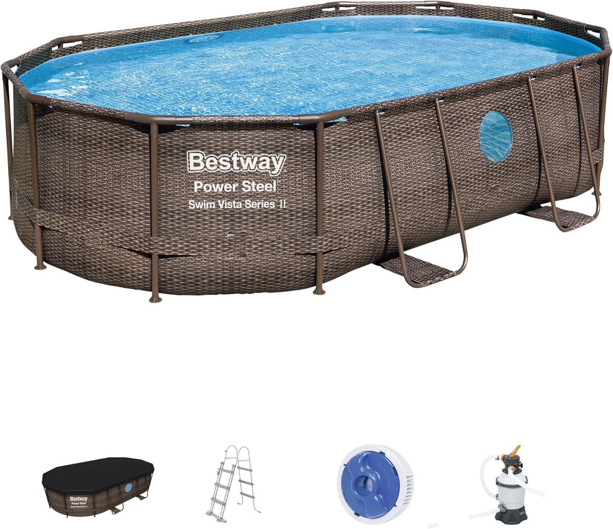 Bestway 56946 Piscine Power Steel? Swim Vista ovale 488 x 305 x 107 cm motif rotin avec hublots, filtration à sable, échelle, bache et diffuseur Chemconnect?