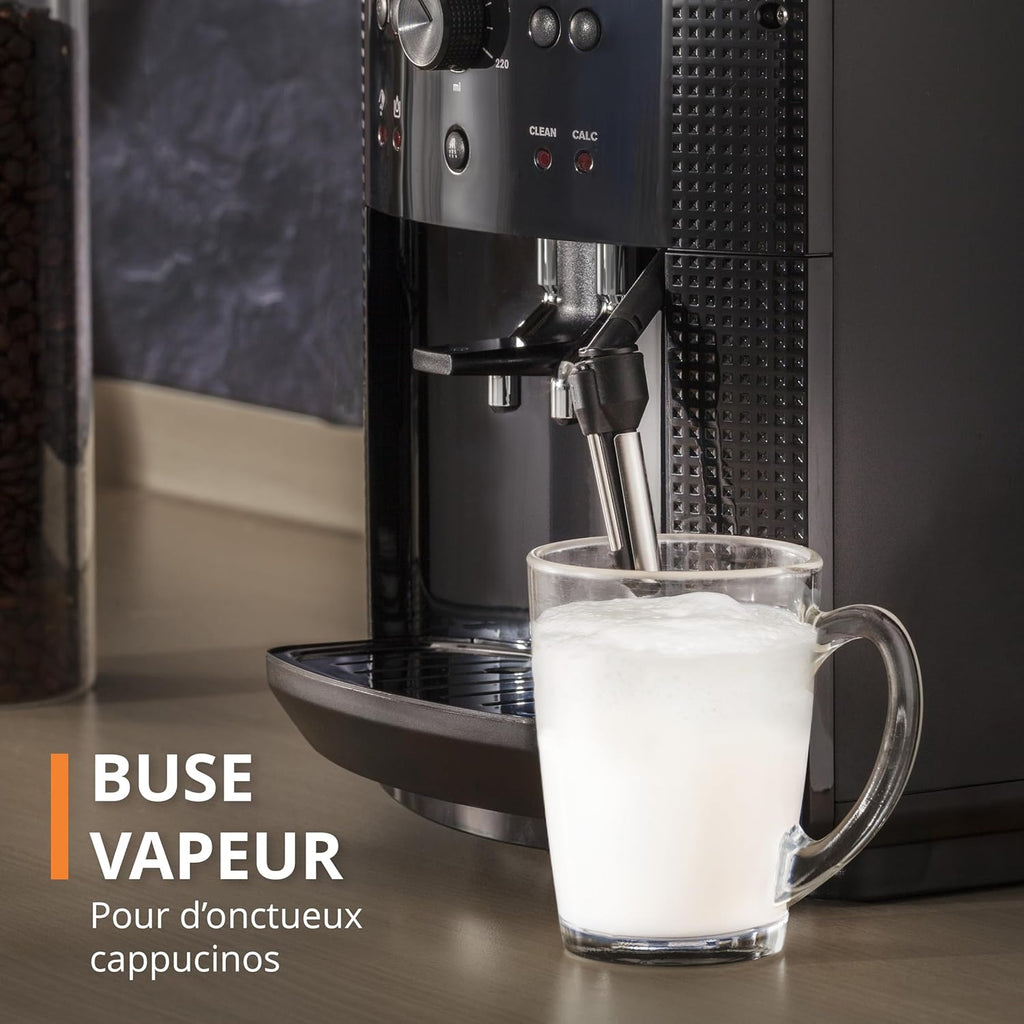 Krups Machine à café grain, 1,7 L, 2 tasses en simultané, Nettoyage automatique, Buse vapeur pour Cappuccino, Cafetière espresso, Essential noire YY8125FD, Noir