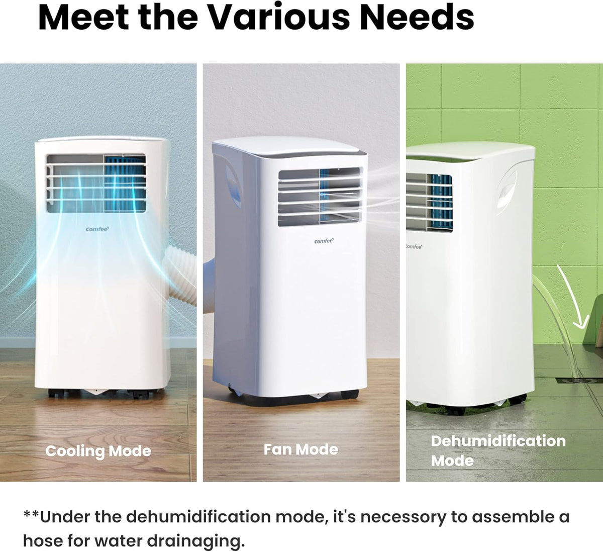 COMFEE' Climatiseur Mobile 9000 BTU/h 2,6kW, 3-EN-1 Refroidisseur Déshumidificateur Ventilateur, Fonction Follow me, Minuterie, Mode nuit, Pour salon et maison de 33©O/88m3, MPPH-09CRN7, R290