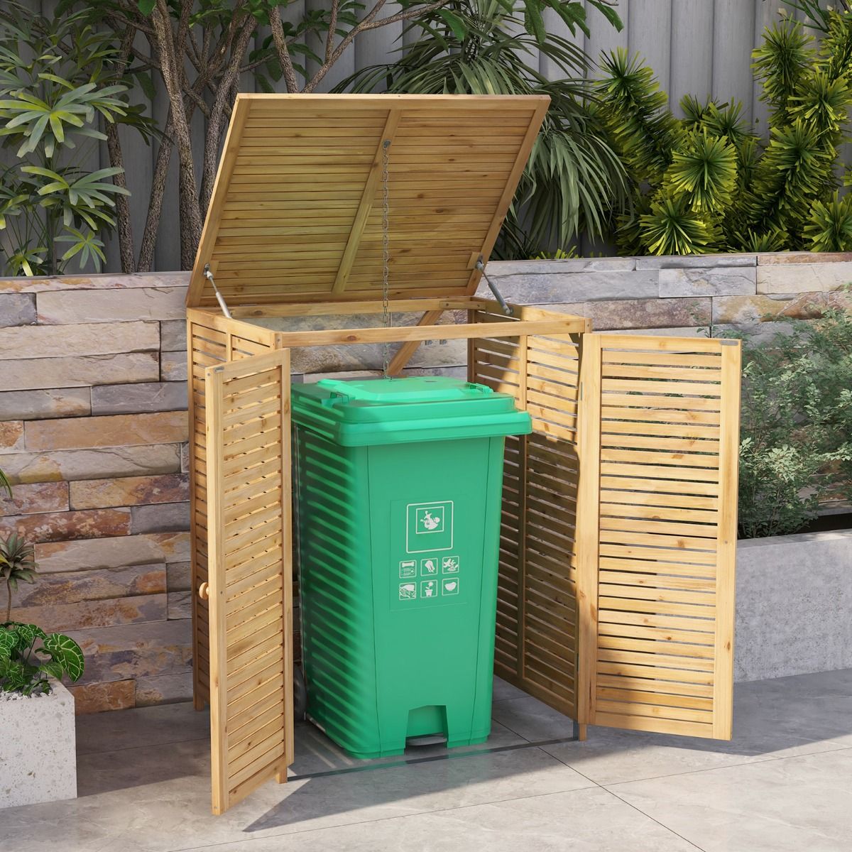 Abri à Poubelle en Bois de 120 L Abri pour Outils d'Extérieur avec Couvercle Ouvrable Doubles Portes Loquet de Verrouillage Naturel