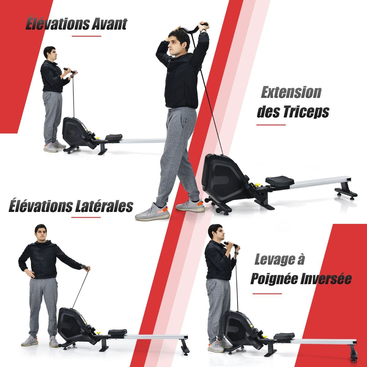 Rameur Magnétique Résistanceà 8 Niveaux Pliable 2 Roues Flexibles Rail Coulissant en Aluminium Ecran LCD Support d'Appareil