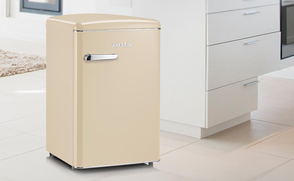 SEVERIN Réfrigérateur Congélateur, Pose libre, Longueur 55 cm, 108L, Classe D, 110 kWh/an, 37 dB, Look rétro, Crème, RKS 8833