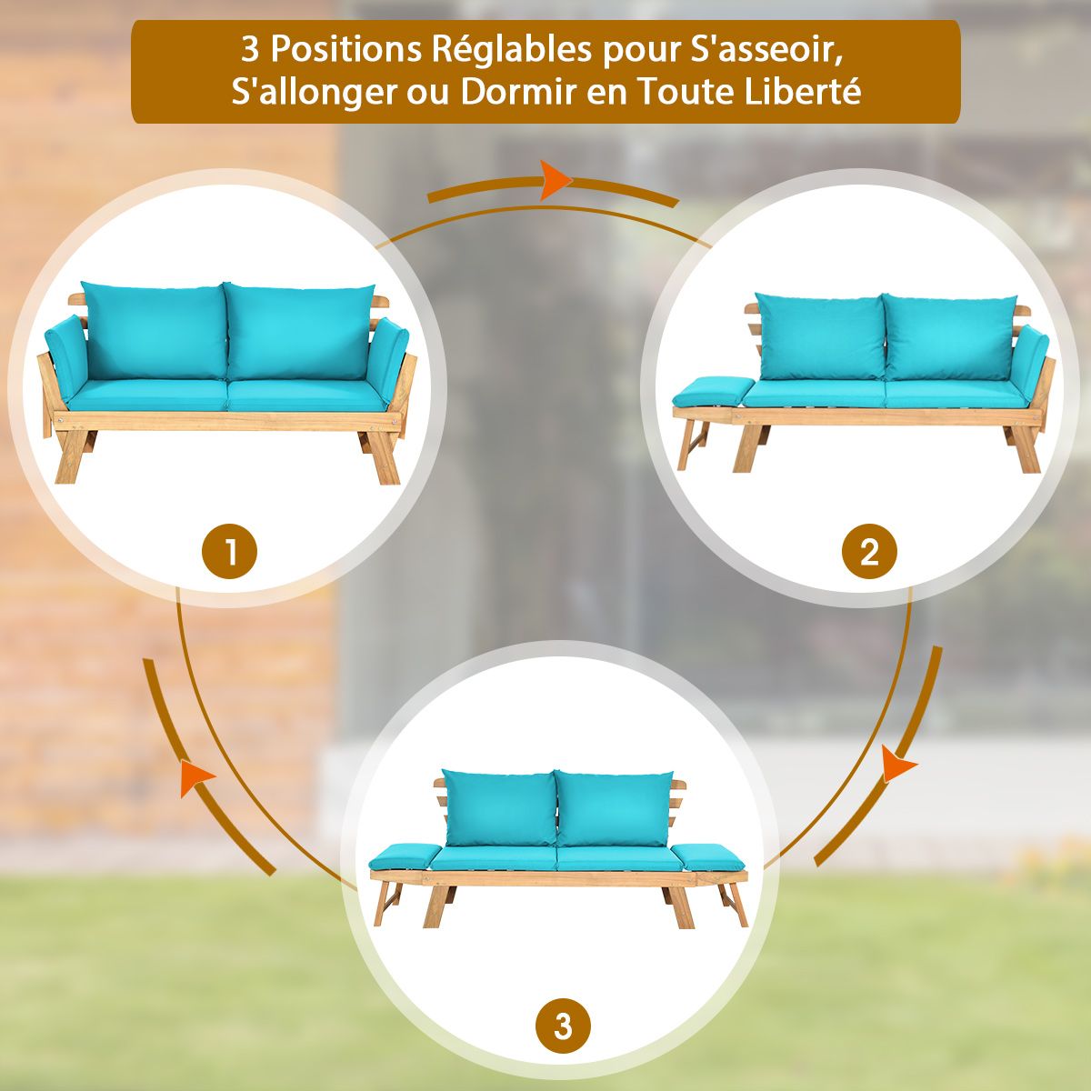 Chaise Longue Convertible avec Coussin Canapé de Jardin 2 en 1 en Bois d’Acacia avec Accoudoir Réglable pour Patio Piscine Jardin Blanc/Gris/Bleu/Rouge
