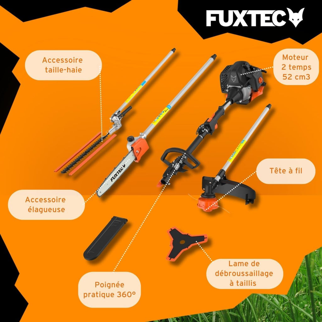 Fuxtec Débroussailleuse Thermique Multifonction 5 en 1 Multitool FX-MT152E - Easy Starter 3CV 52 cm3, Moteur 2 Temps, élagueuse Taille Haie Coupe Bordure Avec Fil ou Lame 1 Mètre Rallonge