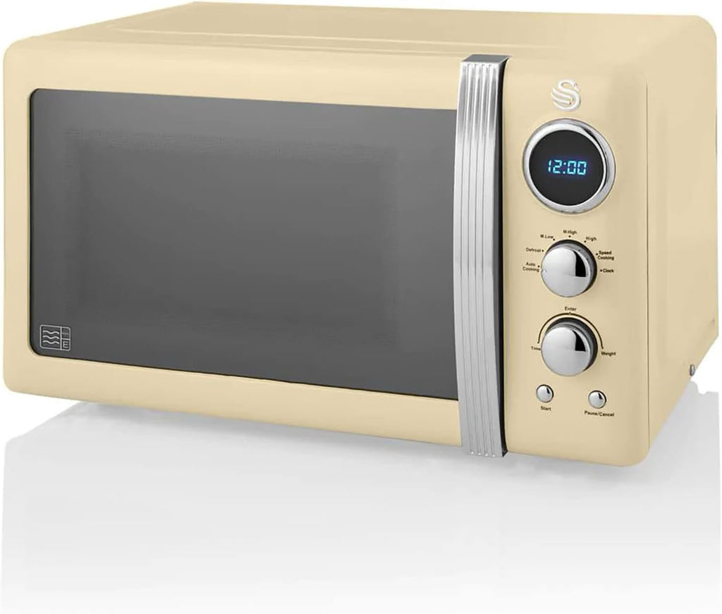 Swan Retro Ensemble Petit-Déjeuner, Bouilloire 1,8 L, Grille-Pain 2 Tranches à Fente Large, Micro-Ondes Numérique 20L, 6 Niveaux de Puissance, Minuteur, Porte Miroir, Design Vintage, Crème