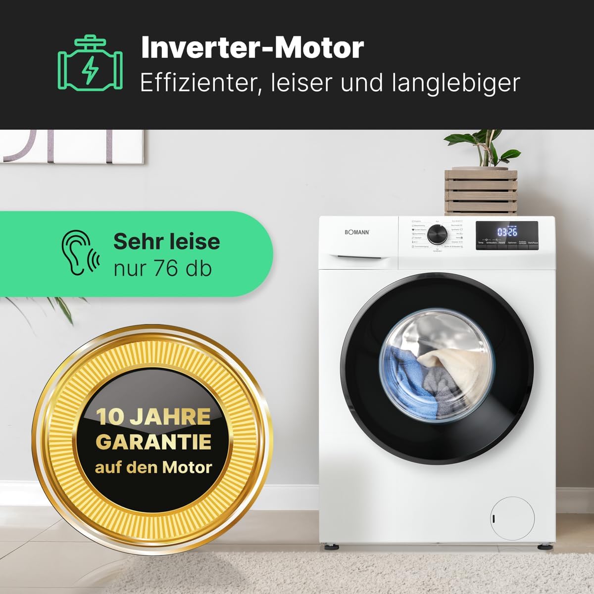 Bomann Machine à laver | 7kg | max 1400 tours | Garantie moteur 10 ans | Moteur inverter efficace, silencieux et durable | 15 programmes | Présélection du temps de fin | Affichage LED | Machine à
