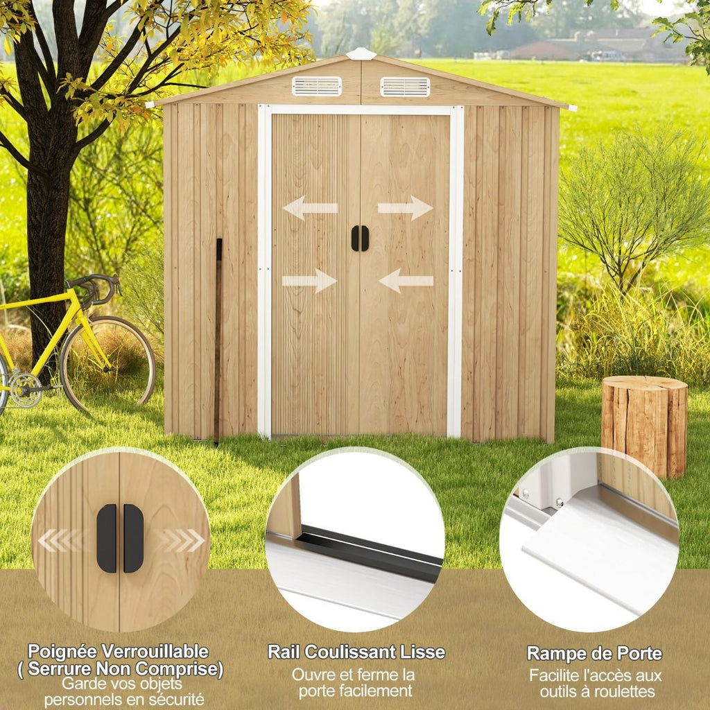 Abri de Jardin 2.3©O en Acier Galvanisé Anti-UV 196x142x186cm Cabane de Jardin Exterieur 3.7m3 avec Porte Coulissante Rampe Naturel