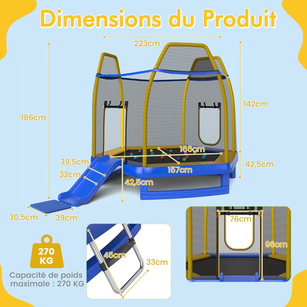 Trampoline Extérieur ? 223cm avec Toboggan&Echelle avec Filet de Sécurité 2 Portes en U Charge 270kg pour 2-3 Enfants de 3 Ans+ Bleu/Vert