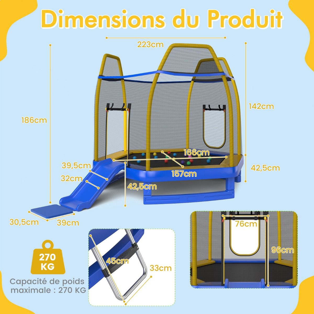 Trampoline Extérieur ? 223cm avec Toboggan&Echelle avec Filet de Sécurité 2 Portes en U Charge 270kg pour 2-3 Enfants de 3 Ans+ Bleu/Vert