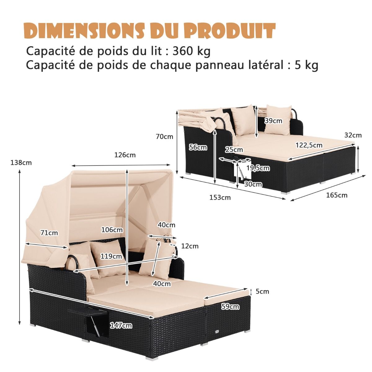 Chaise Longue à 2 Places en Rotin avec Auvent Rétractable Bain de Soleil avec Panneaux Latéraux Pliables Charge 360KG Beige/Gris