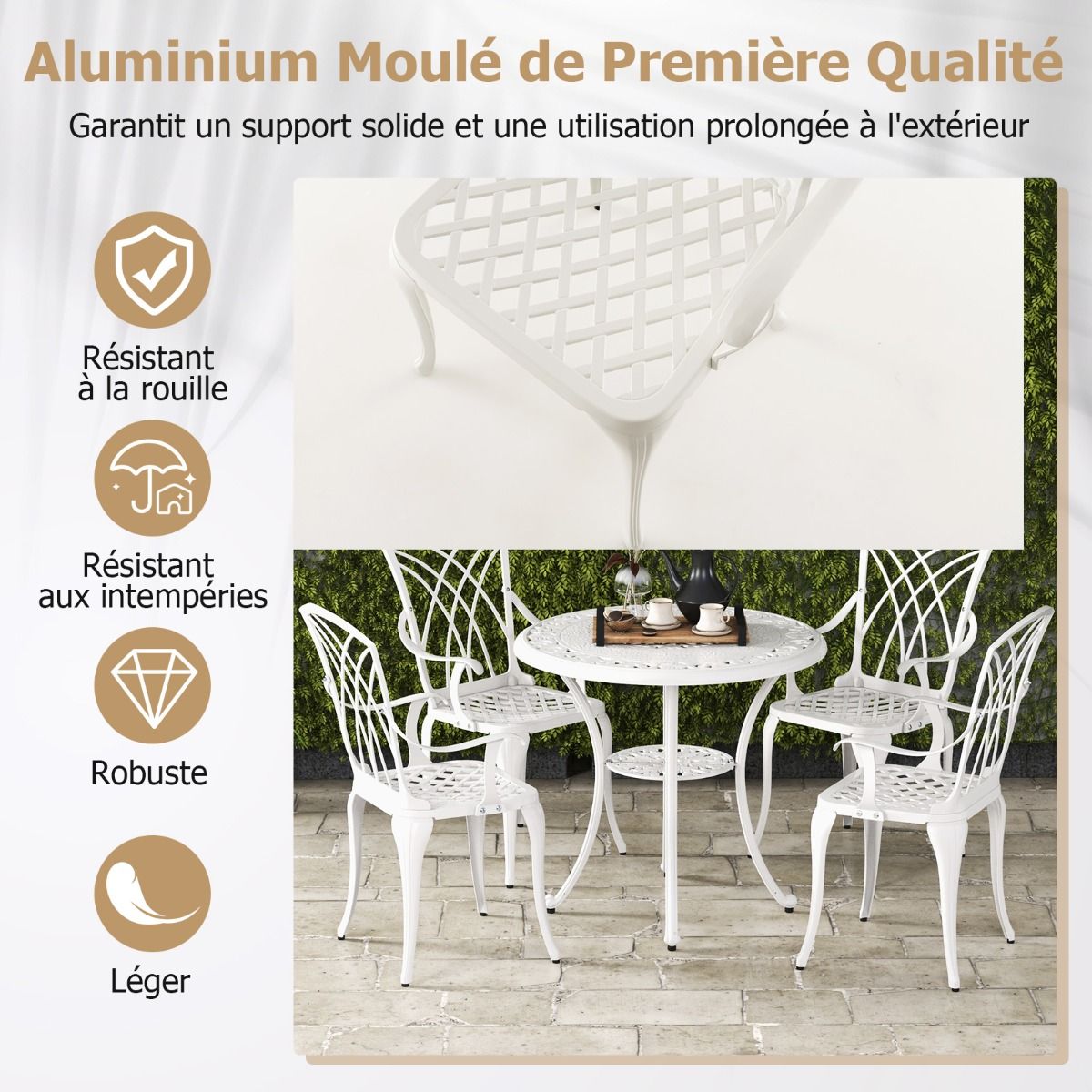 5 Pcs Salon de Jardin en Fonte d'Aluminium Trou pour Parasol Repose-pieds Réglables Ensemble de Table Ronde et 4 Chaises Blanc