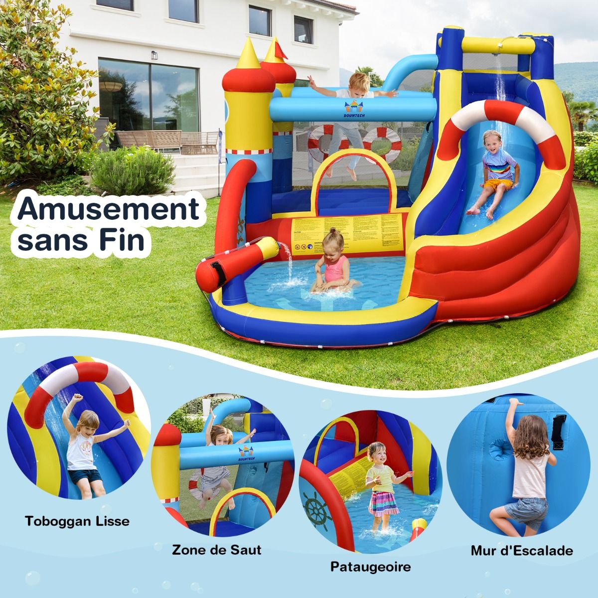 Chateau Gonflable Style Bateau avec Toboggan Incurvé Zone de Saut Mur d'Escalade avec Gonfleur 450 W