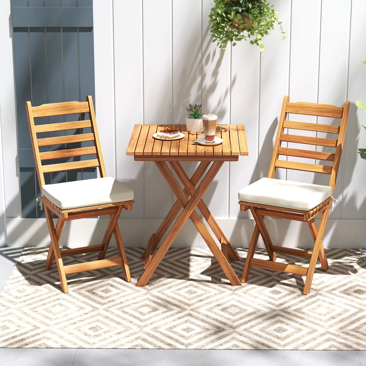 Ensemble Bistrot d'Extérieur en Bois d'Acacia Ensemble de Chaises Pliantes et Table Coussins de Siège Sans Accoudoirs à Dossier Haut Blanc