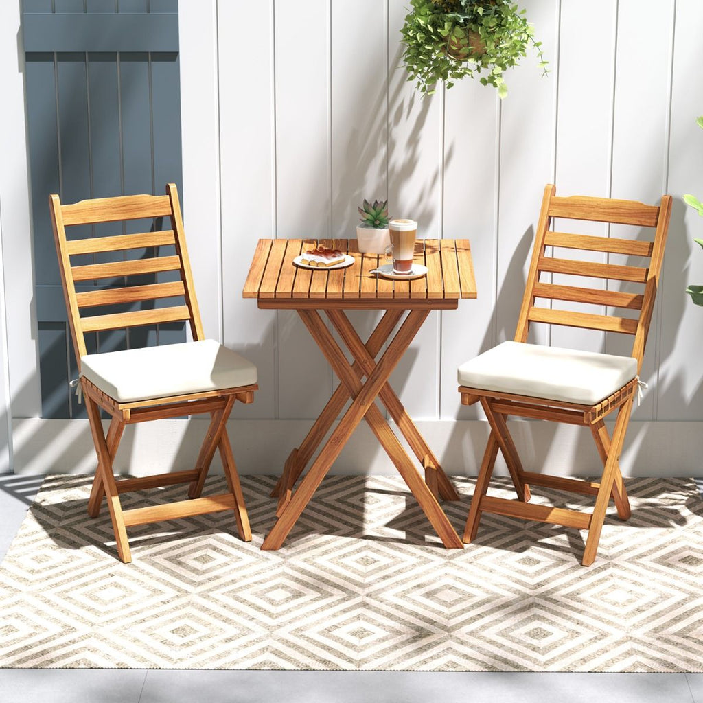 Ensemble Bistrot d'Extérieur en Bois d'Acacia Ensemble de Chaises Pliantes et Table Coussins de Siège Sans Accoudoirs à Dossier Haut Blanc