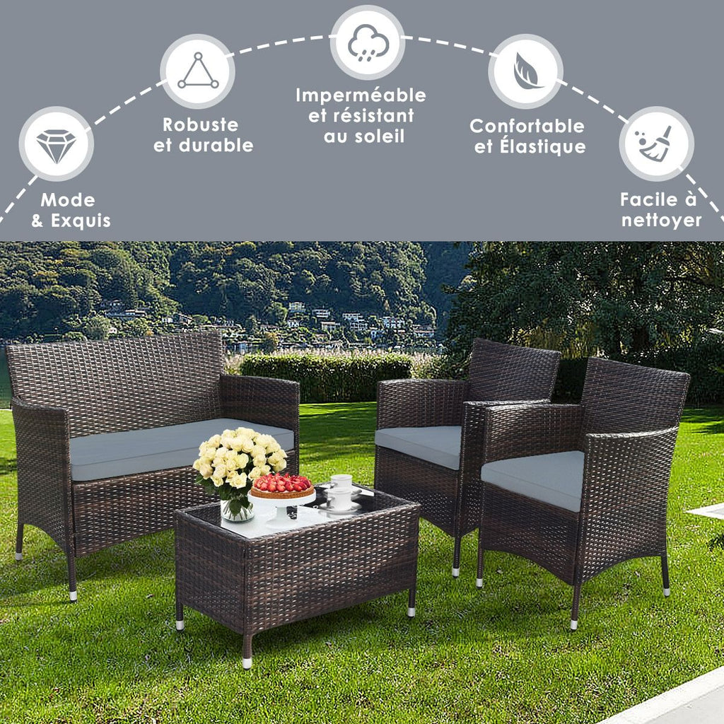 Salon de Jardin 4 PCS Mobilier de Terrasse en Rotin PE pour Véranda Patio Terrasse Piscine Marron et Gris