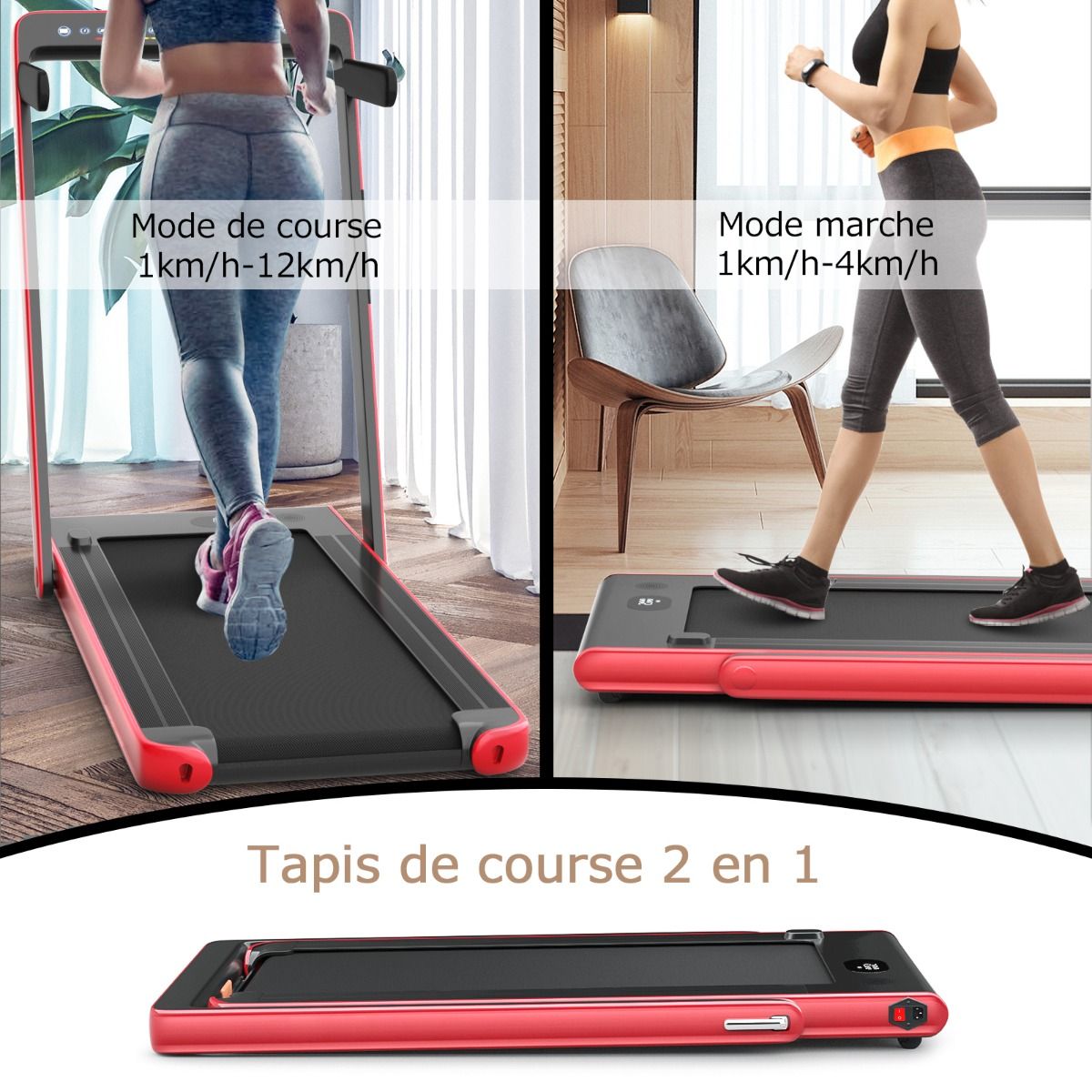 Tapis de Course Pliable 0,75HP Double Affichage LED APP et Télécommande Vitesse Motorisé 12 km/h Surface 40x100cm Rouge