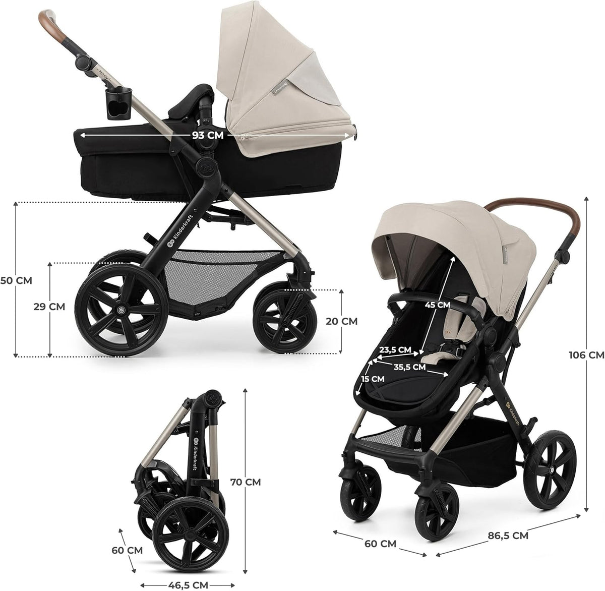 Kinderkraft MOOV2 Poussette 3 en 1, Système de voyage de la naissance à 27 kg, Siège auto Mink PRO I-Size inclus, Capote extensible avec filtre UPF50+, Accessoires pratiques, Gris