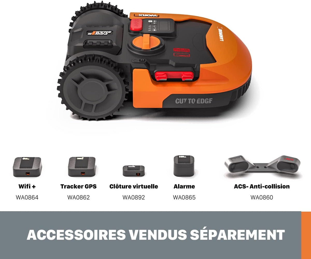 WORX LANDROID Vision WR206E.1, Robot Tondeuse sans Fil périphérique 600 m2 Surf.Max 700 m2, Installation en 30 Min, Caméra 4K + IA Adaptative, évite Tous Les Obstacles, Coupe des Bordures, Multizone