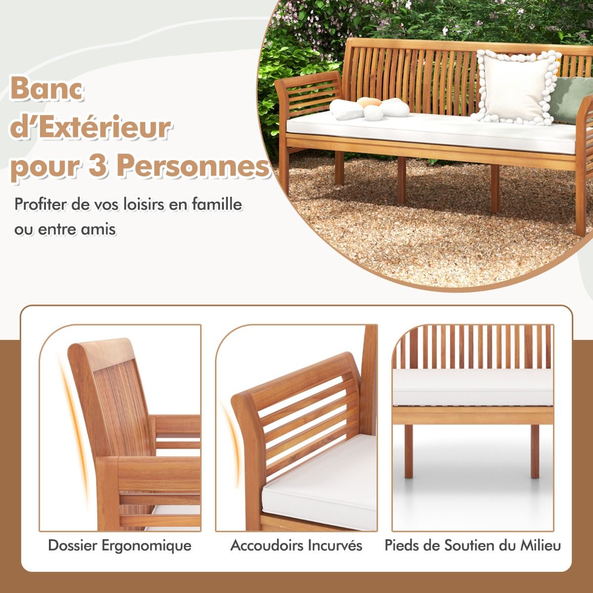 Banc de Terrasse en Bois 3 Places Banc en Acacia de 159 cm de Long avec Coussins d'Assise Doux Dossier et Accoudoirs Ergonomiques Blanc