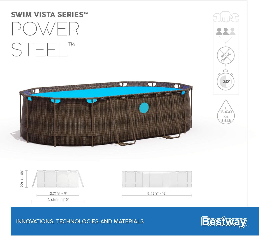 Bestway 56946 Piscine Power Steel? Swim Vista ovale 488 x 305 x 107 cm motif rotin avec hublots, filtration à sable, échelle, bache et diffuseur Chemconnect?