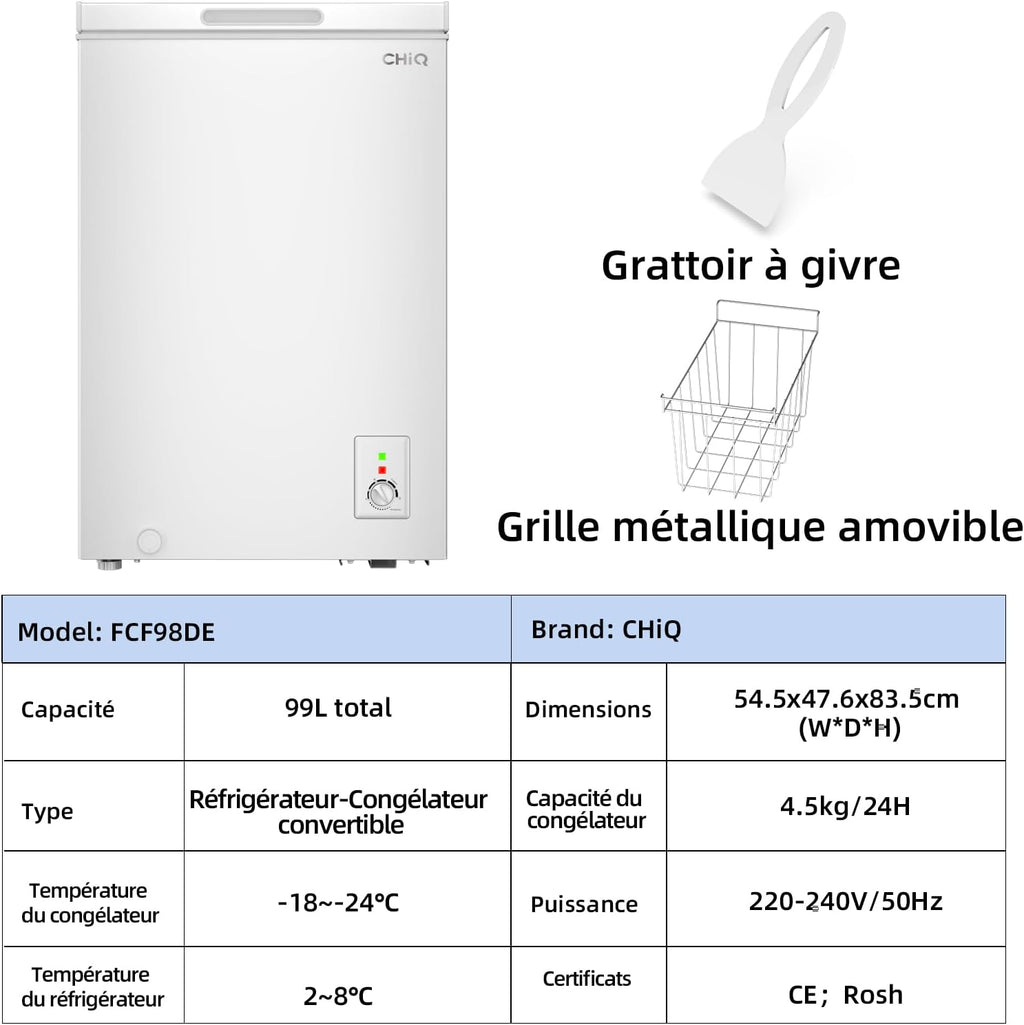 Congélateur coffre CHiQ 142L, 63,5 x 55,6 x 83,5cm, Congélateur Inverter, Affichage de la température extérieure, Mode de congélation rapide -32°C, Grille métallique,Faible bruit