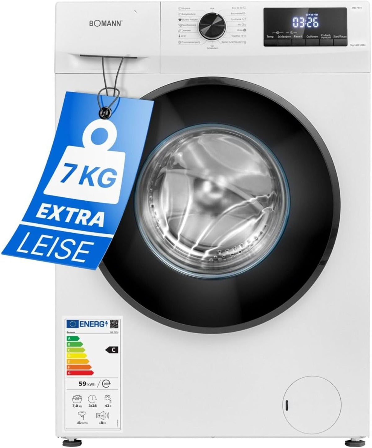 Bomann Machine à laver | 7kg | max 1400 tours | Garantie moteur 10 ans | Moteur inverter efficace, silencieux et durable | 15 programmes | Présélection du temps de fin | Affichage LED | Machine à