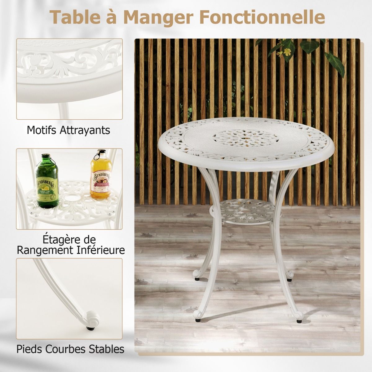 5 Pcs Salon de Jardin en Fonte d'Aluminium Trou pour Parasol Repose-pieds Réglables Ensemble de Table Ronde et 4 Chaises Blanc