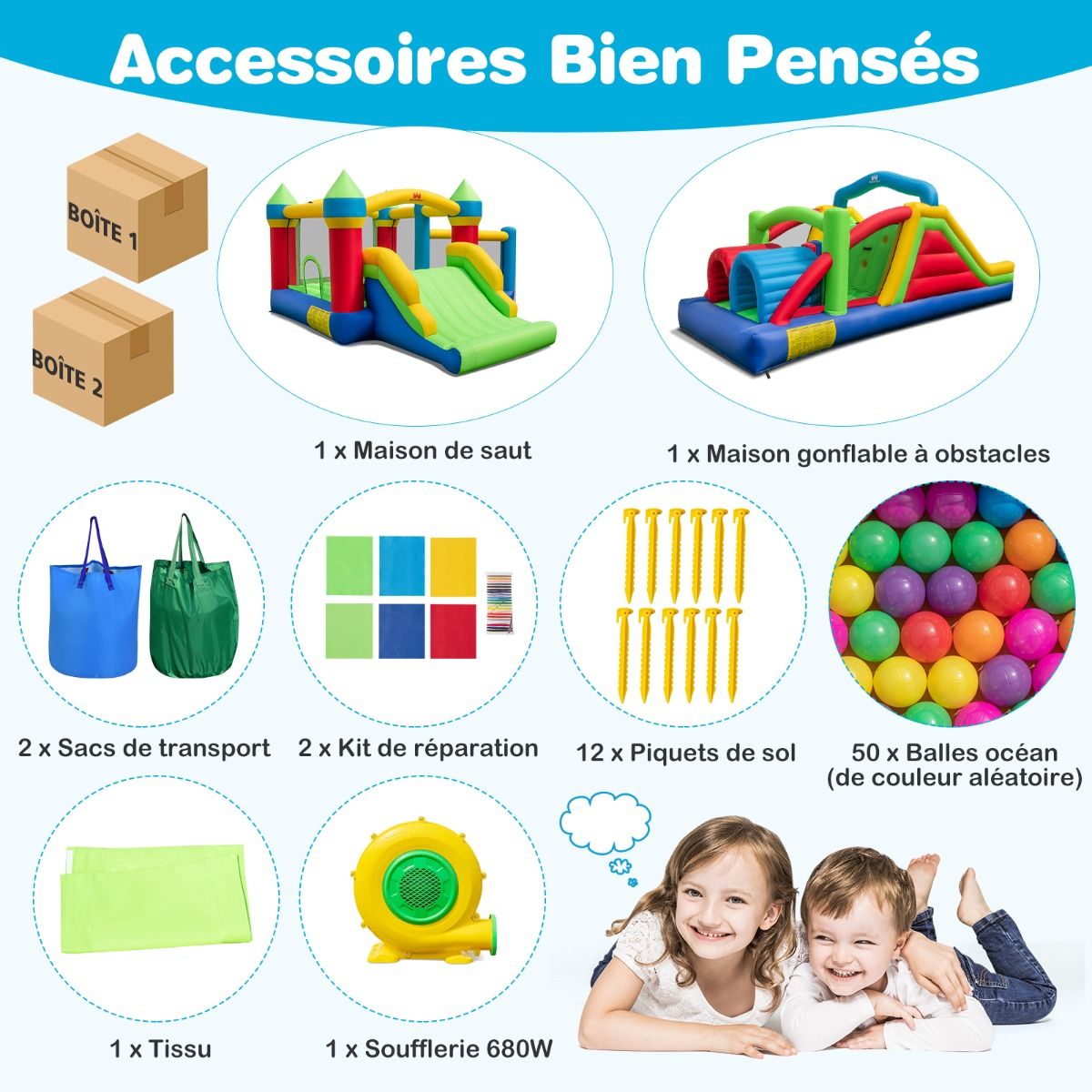 Chateau Gonflable pour 4 Enfants avec 2 Toboggans Tunnels Zone de Rebond Escalade Obstacles Maison de Jeu avec Souffleur de 680 W