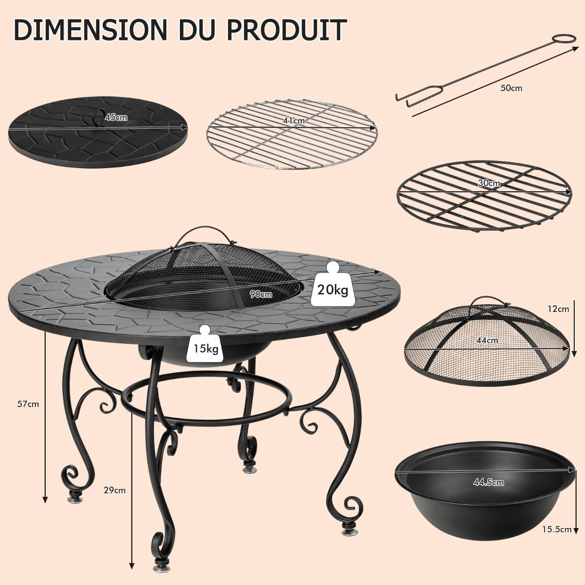 Brasero Extérieur pour Jardin 80 x 80 x 70 cm Foyer rond 4 en 1 avec Brasero Grille de Cuisson Grille en Bois