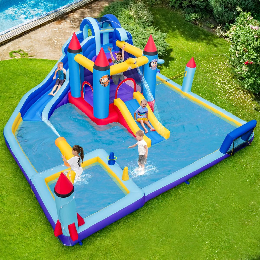 Chateau Gonflable à Toboggans Aquatiques Thème de La Fusée pour Enfants Piscine Zone de Saut Pistolet à Eau Escalade Souffleur de 850 W Multicolore