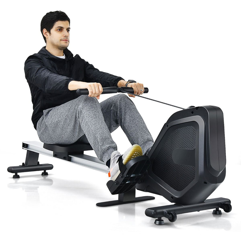 Rameur Magnétique Résistanceà 8 Niveaux Pliable 2 Roues Flexibles Rail Coulissant en Aluminium Ecran LCD Support d'Appareil