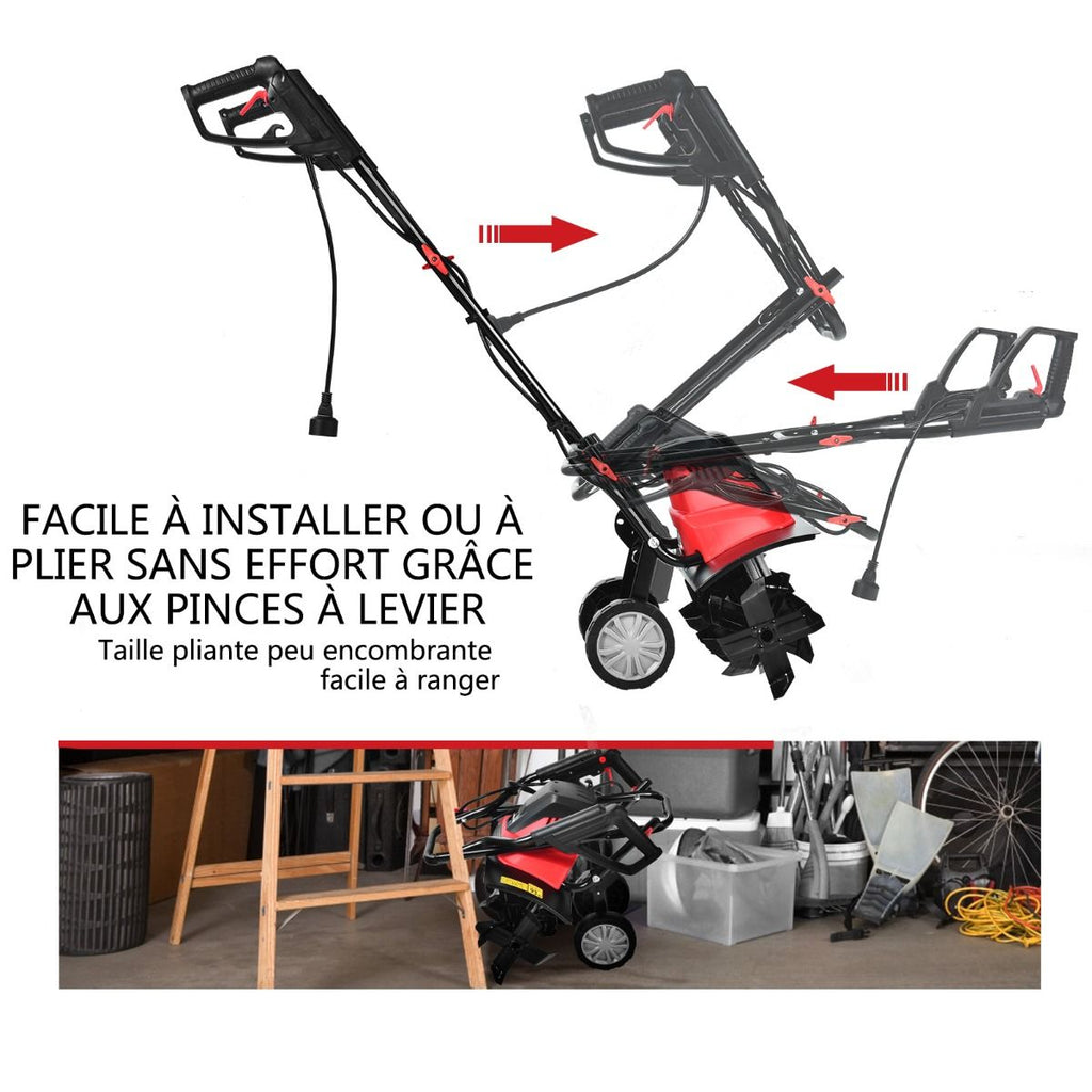 Motobineuse Motoculteur électrique 1500W Profondeur Travail 22CM Largeur 43CM avec Poignée Pliable Roues Réglables 6 Lames