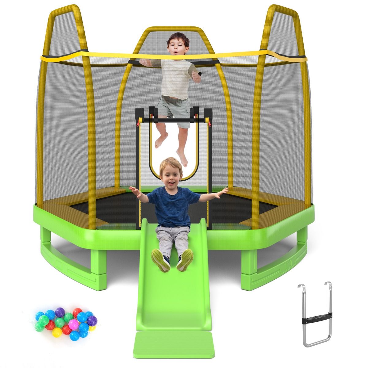 Trampoline Extérieur ? 223cm avec Toboggan&Echelle avec Filet de Sécurité 2 Portes en U Charge 270kg pour 2-3 Enfants de 3 Ans+ Bleu/Vert
