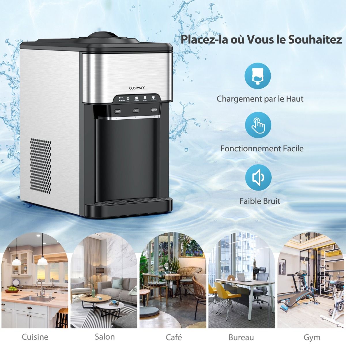 Machine à Gla?ons 3 en 1 avec Distributeur d'Eau Froide/Chaude 20 kg en 24h Cube de Glace 6-13 min pour Maison Bureau Bar