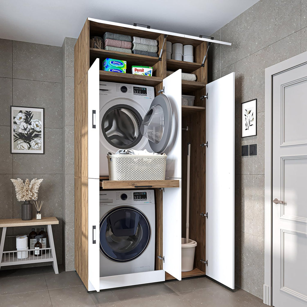 ROOMART Dora - Armoire de machine à laver - Pour sèche-linge et machine à laver - En 4 couleurs - Avec portes et panneau coulissant - Blanc - Chêne blanc - Chêne anthracite - Chêne blanc (chêne blanc)