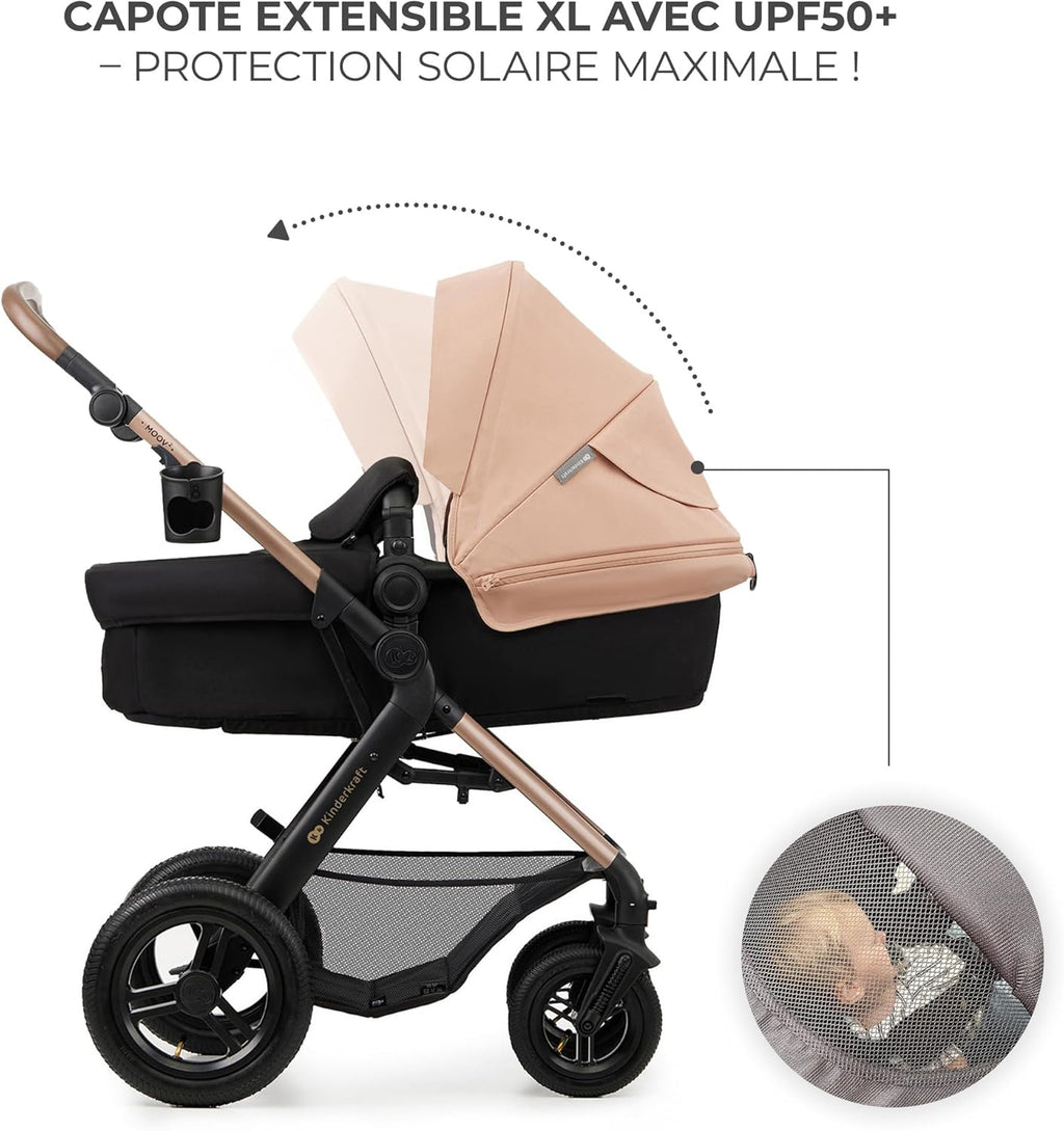 Kinderkraft MOOV2 Poussette 3 en 1, Système de voyage de la naissance à 27 kg, Siège auto Mink PRO I-Size inclus, Capote extensible avec filtre UPF50+, Accessoires pratiques, Gris