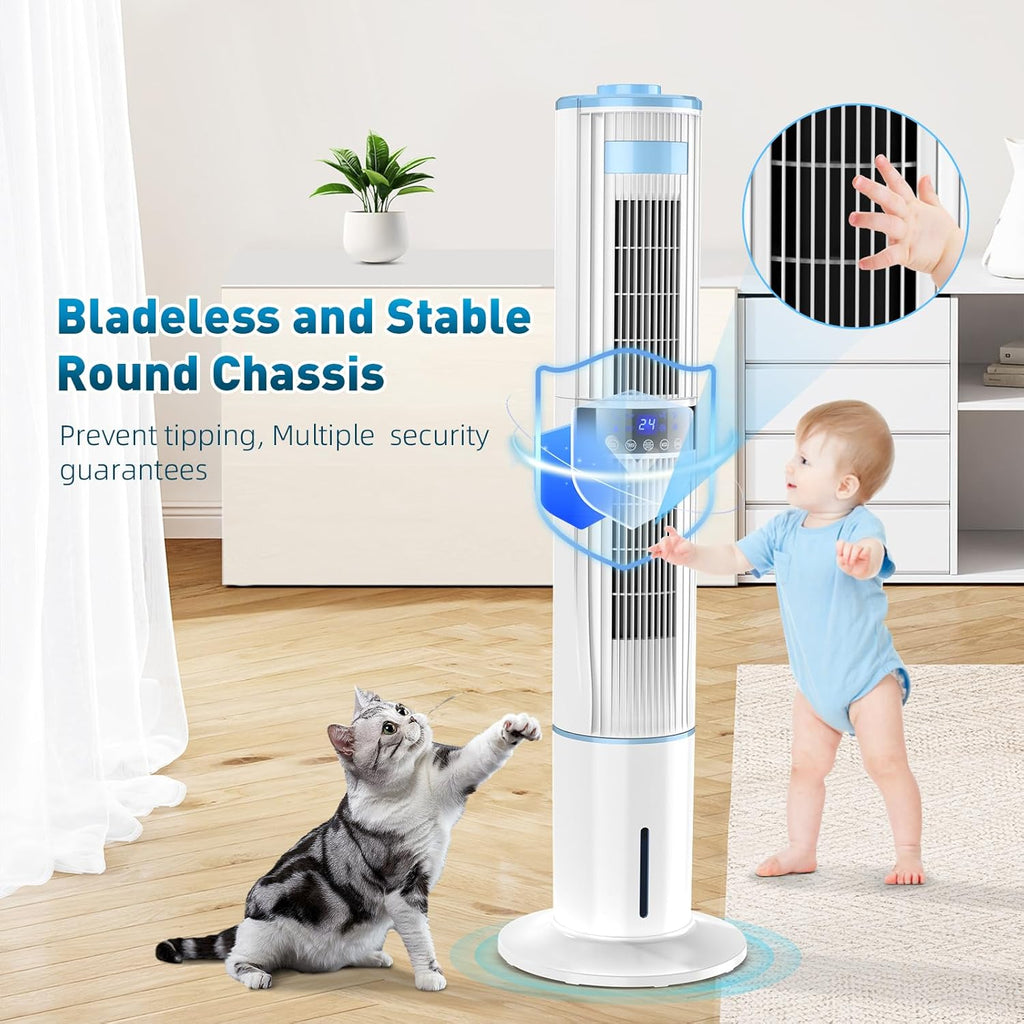 Climatiseur Mobile Silencieux Rafra?chisseur d'air avec Humidificateur, Ventilateur, 2 Sortie d'air, 360°Oscillation, 65W, 24H Minuteries, 3 Vitesses, 4 Modes,Télécommande pour Chambre Bureau