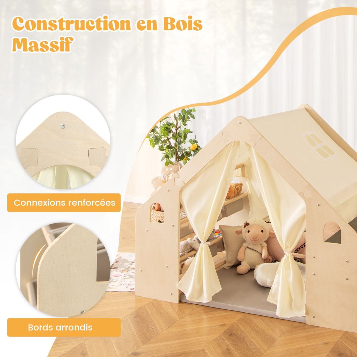 Tente de Jeu d'Intérieur en Bois pour Enfants 6 en 1 Tableau Noir Table Chaise 6 Bacs de Rangement Coussin de Sol Maison de Jeu pour 2-6 ans Beige